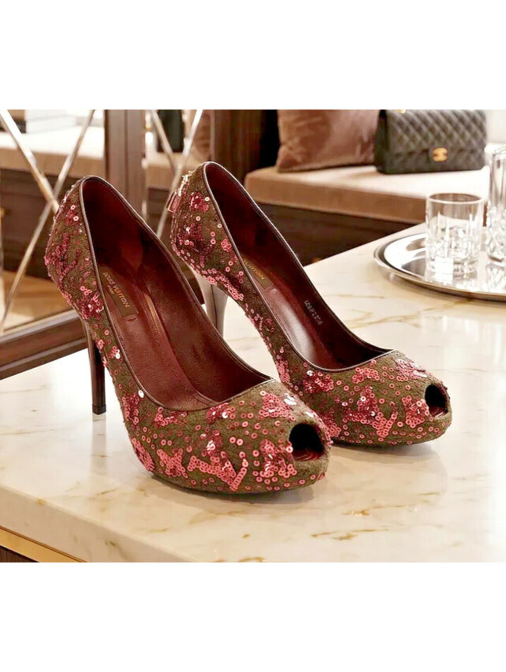 Louis Vuitton Oh Really Pink Sequin LV Lock Peep Toe Pumps EU 36 Authentic
